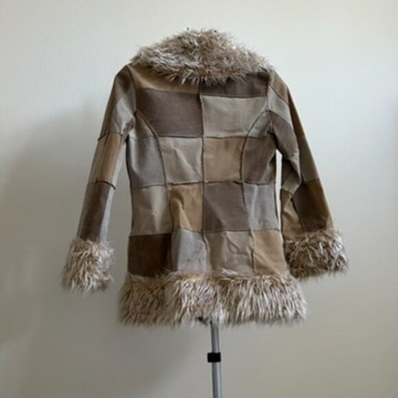 BKE Diva Genuine Leather Patchwork Faux Fur Trim Jacket Women’s L Tan Beige Boho - Picture 4 of 7